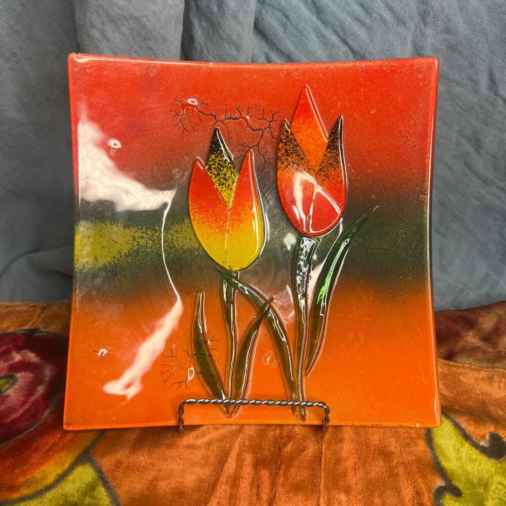 Square Fused Art Glass Tulip Platter Bowl Wall Hanging Handmade Vintage 70s